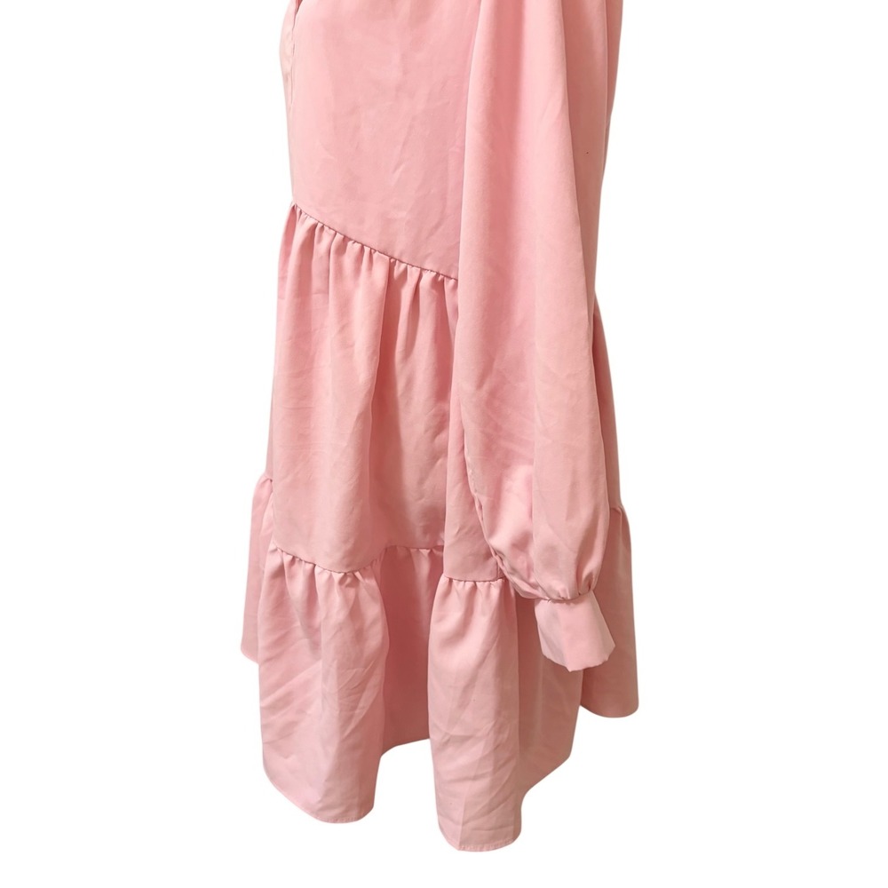 Pink Tiered Babydoll Mini Dress Size Medium Cottagecore Ruffle Neck Long Sleeve - Picture 5 of 8
